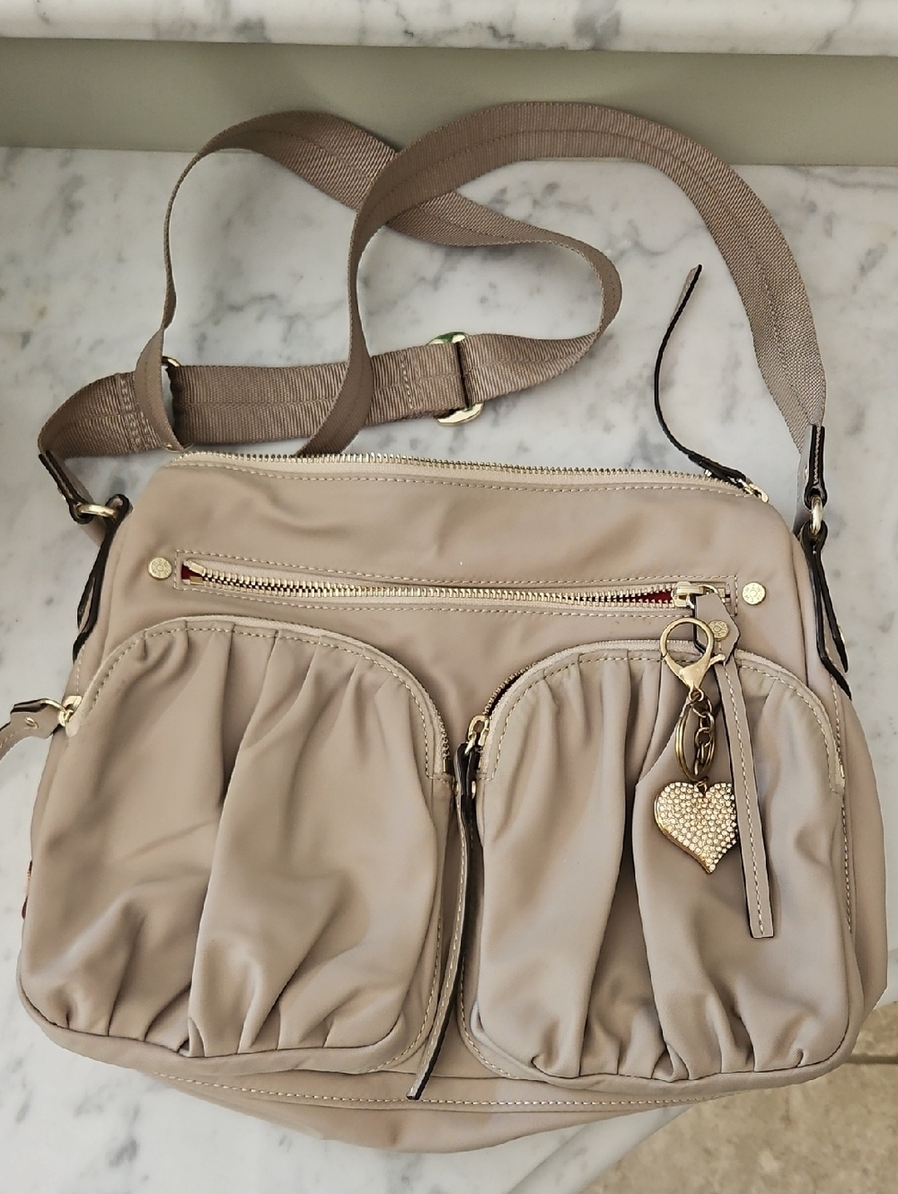 MZ Wallace Beige Women's Crossbody Bag with Heart Charm Accent